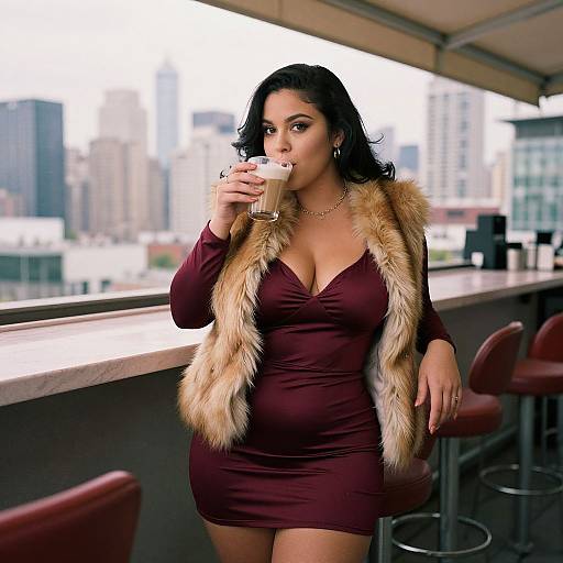 Photograph of a curvy woman with long black hair, wearing a low-cut maroon dress and fur vest, sipping a latte at a