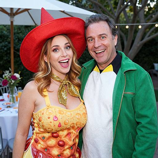 Photograph of a smiling couple at an outdoor event; woman in a red cowboy hat and orange pepper-patterned dress, man in green jacket and white