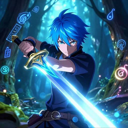 Anime-style digital art of a blue-haired male warrior with glowing blue sword in a mystical forest, surrounded by magical symbols.
