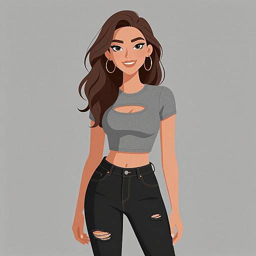 Digital illustration of a smiling young woman with long brown hair, wearing a grey crop top with a cutout, and black ripped jeans, standing against a