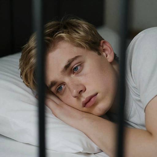 Pensive Young Man in Bed Close-Up
