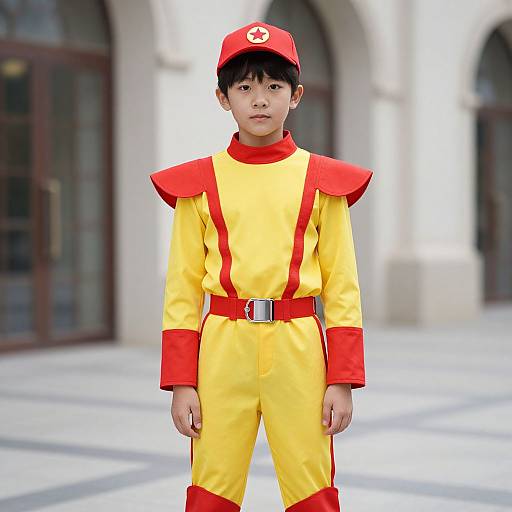 Photograph of an Asian boy in a bright yellow and red superhero costume with red shoulder pads, red belt, and red cap, standing in front of