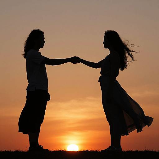 Silhouetted photograph of two children, one boy and one girl, shaking hands against a vibrant orange sunset sky.