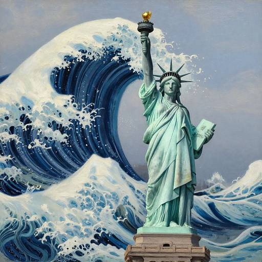 Photorealistic digital artwork of Statue of Liberty standing on waves, holding torch aloft, with powerful blue ocean wave behind.