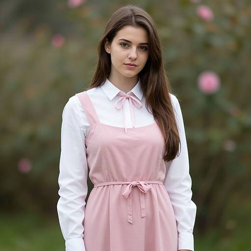 Photograph of a young woman with long brown hair, wearing a white long-sleeve shirt and pink pinafore dress, standing in a blurred