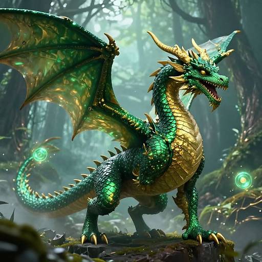 Digital art of a vibrant green and gold dragon with large wings, sharp spikes, and glowing eyes, standing in a misty forest with glowing orbs.