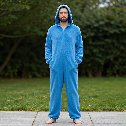 Photograph of a bearded man with a beard, standing barefoot on a concrete path, wearing a bright blue, hooded onesie, with