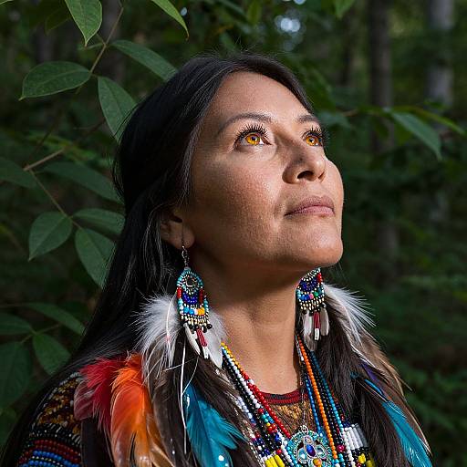 Photograph of a Native American woman with long black hair, wearing colorful beaded jewelry and feathered garments, gazing upward into sunlight in a forest