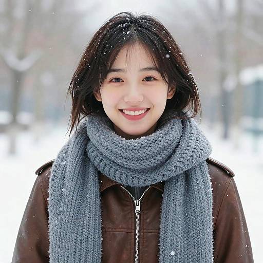 Smiling Woman in Leather Jacket and Knit Scarf in Snow