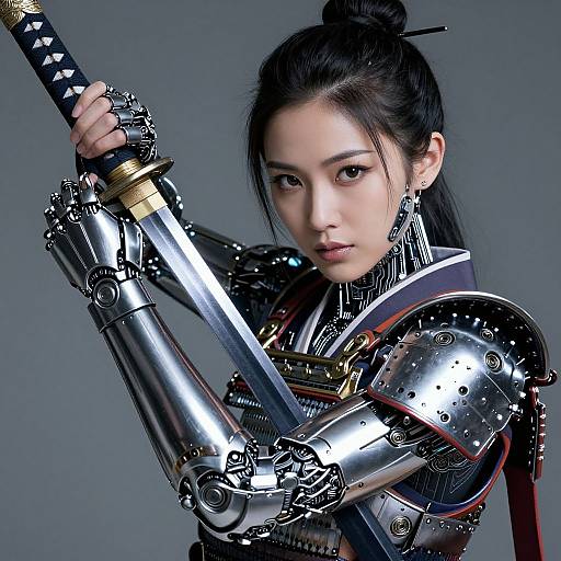 Digital artwork of an Asian woman with black hair in a bun, wearing intricate, shiny samurai armor, holding a katana, with a serious expression