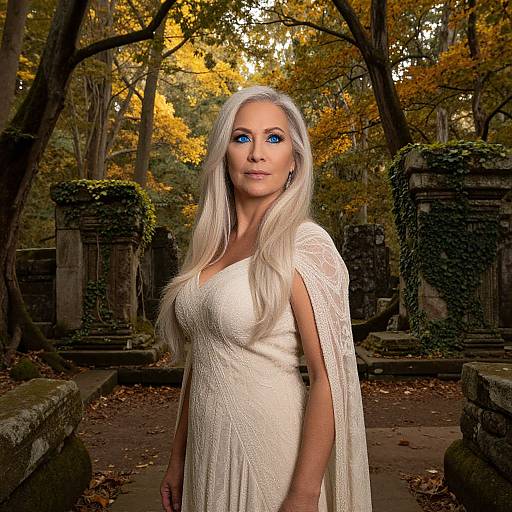 Photograph of a blonde woman with blue eyes, wearing a white lace dress, standing in an autumnal forest, surrounded by ancient stone ruins with iv