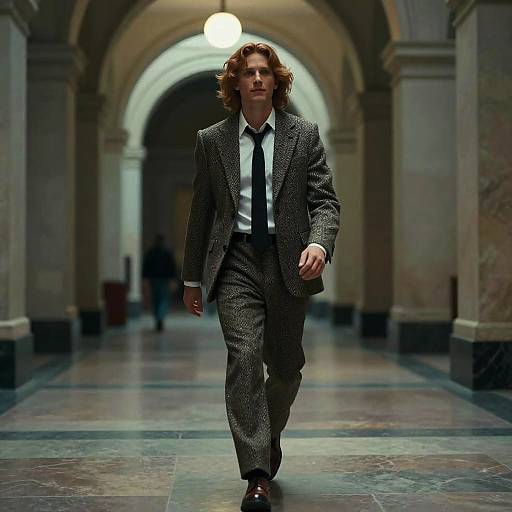Photograph of a confident man with curly brown hair, wearing a gray houndstooth suit, black tie, and white shirt, walking down a