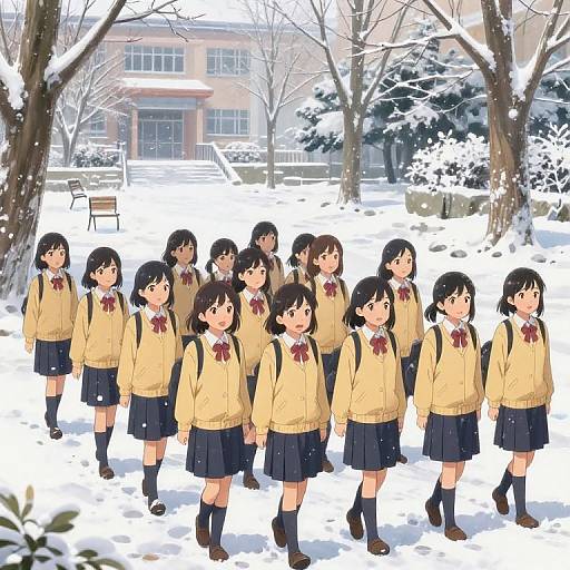 Anime-style digital drawing of a group of teenage Japanese girls in yellow sweaters and navy skirts walking in a snowy schoolyard.