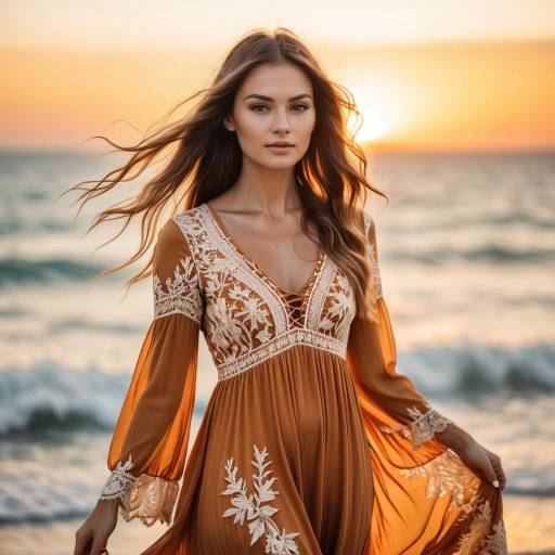 Woman in Flowing Dress at Ocean Sunset