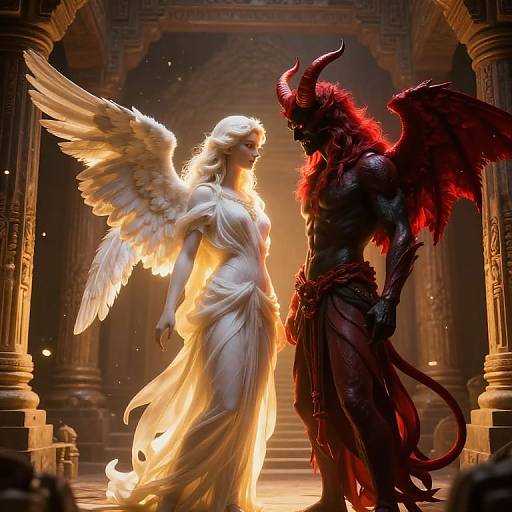Digital art: Angel with glowing white wings and flowing dress faces demonic figure with red hair, black skin, and dark wings in a golden-lit,