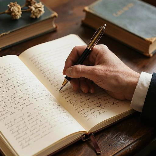 Photograph of a hand writing in a cursive script with a gold pen on an open book, surrounded by old, leather-bound books on a wooden