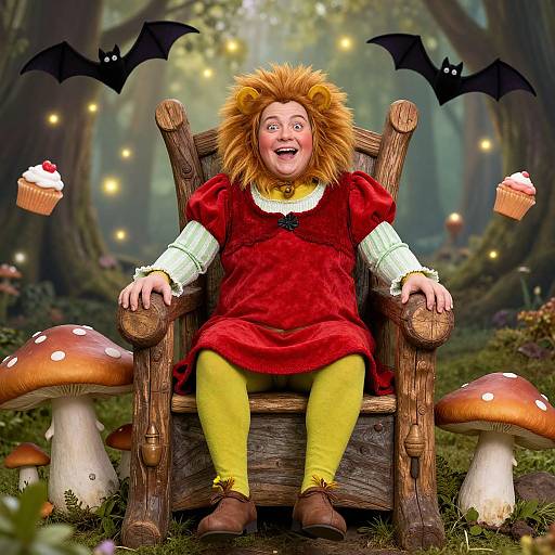 Photograph-style image of a joyful, red-haired child in a lion costume with bat wings, sitting on a wooden throne in a whimsical forest,