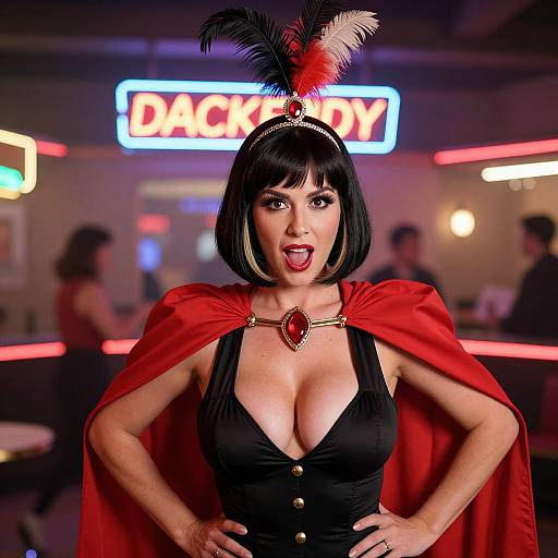 Photograph of a woman with black bob haircut, red feathered headpiece, red cape, black low-cut dress, and jeweled necklace, standing