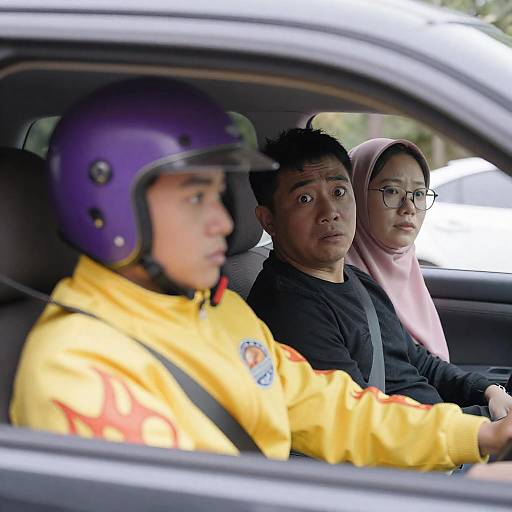 Three men in car with distressed expression