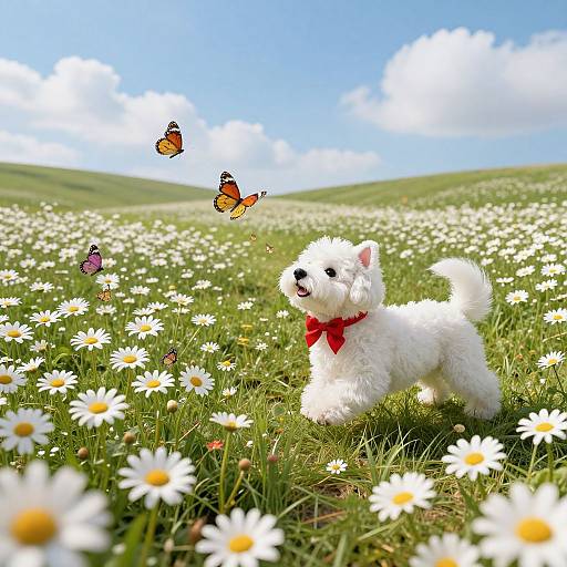 Photograph of a fluffy white puppy with a red bow, standing in a vibrant field of white daisies, watching three colorful butterflies fly under a
