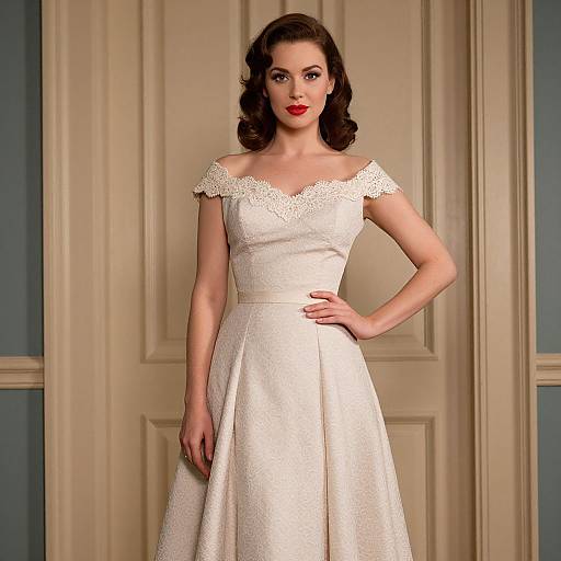 Photograph of a fair-skinned woman with red lipstick, wavy brown hair, wearing an off-shoulder, lace-trimmed, white