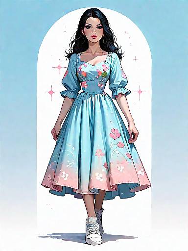 Woman in Floral Print Midi Dress and White Sneakers