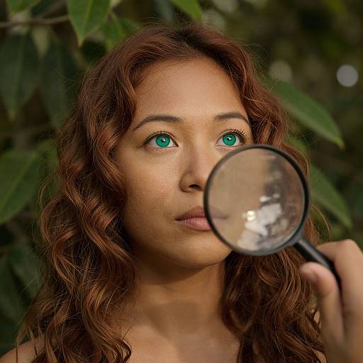 Photograph of a woman with wavy auburn hair, green eyes, holding a magnifying glass over her face, against a leafy background