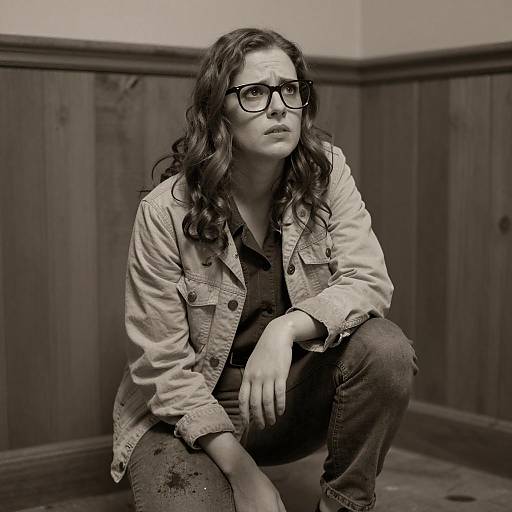 Concerned Woman in Sepia-Toned Room