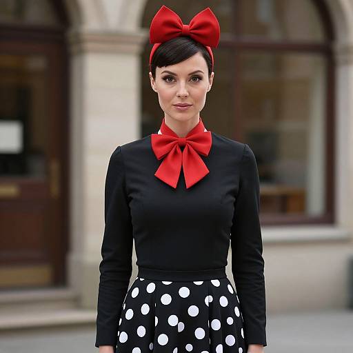 Photograph of a woman with short black hair, wearing a red bow, black long-sleeve top, and black polka dot skirt, standing
