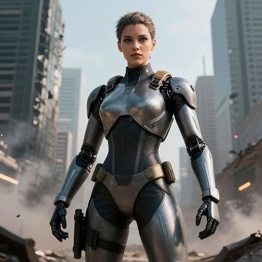 CGI image of a strong, short-haired woman in a sleek, metallic, black armored bodysuit standing confidently in a smoke-filled, ruined city