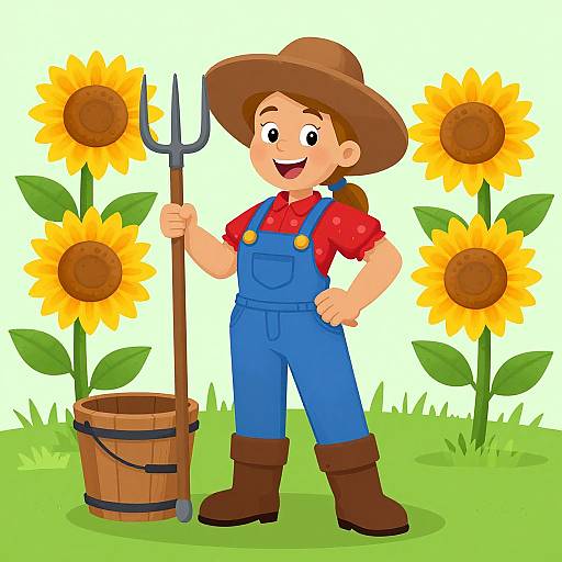 Cartoon girl in blue overalls, red shirt, brown hat, holding pitchfork beside sunflowers, bucket, grass background, smiling. Bright,