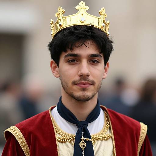 Young man with dark hair and light skin, wearing a gold crown, red velvet robe with gold trim, and black necktie. Blurred outdoor background
