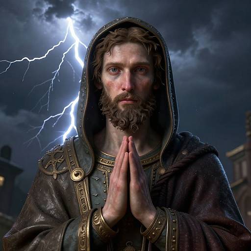 Photorealistic digital art of a bearded man with intense eyes, hands in prayer, wearing a dark hooded cloak, lightning illuminating stormy