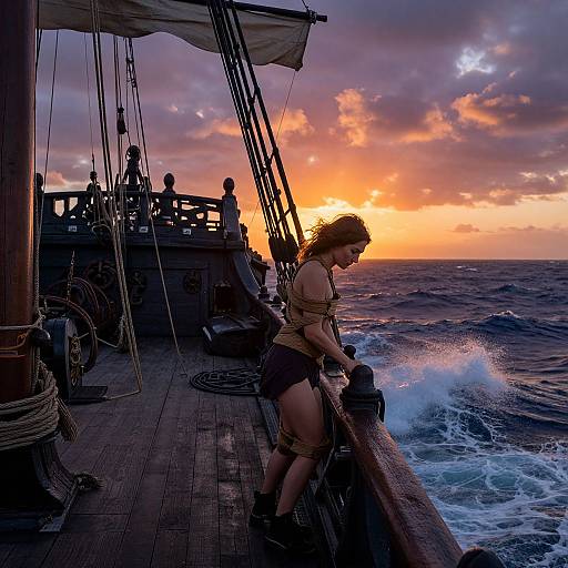 Photograph of a woman with curly brown hair in 18th-century sailor attire, leaning on a wooden ship's rail at sunset, waves crashing,