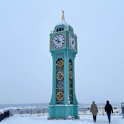 Photograph of a turquoise, four-faced clock tower with intricate gold gears, standing in a snowy, overcast landscape, two people walking away in the