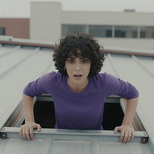 Intense Woman Emerges from Rooftop Hatch