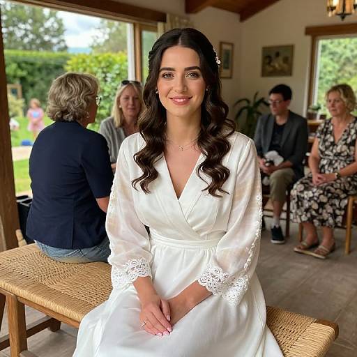 Photograph of a smiling woman with long, wavy black hair, wearing a white lace-trimmed dress, seated indoors by a window, surrounded
