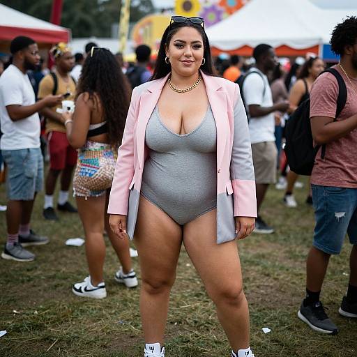 Photograph of a plus-sized woman with long dark hair, wearing a pink blazer over a gray one-piece, standing confidently at an outdoor festival with