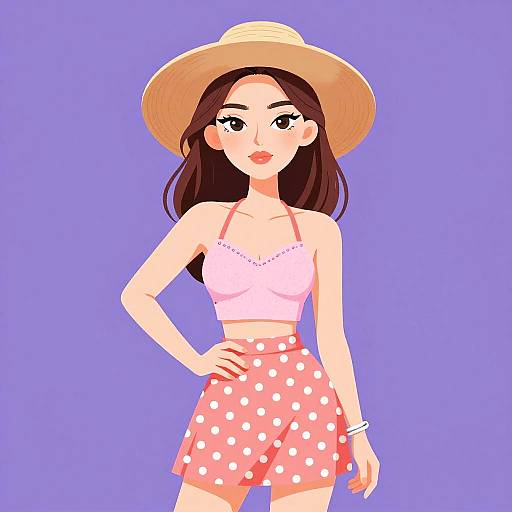 Digital illustration of a cute Asian woman with long brown hair, wearing a straw hat, pink polka dot crop top, and matching skirt, standing against