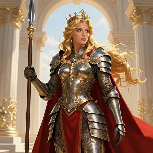 Digital artwork of a regal blonde queen in shiny silver armor, red cape, crown, holding a spear, standing in an ornate, sunlit