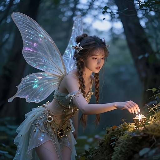 Photograph of a fairy-like woman with glowing wings, braided hair, and translucent, sparkly attire, lighting a fire in a dark, enchanted