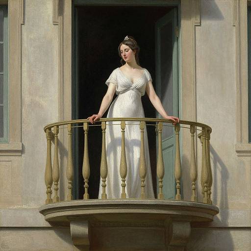Photograph of a fair-skinned woman with dark hair in a white, Victorian-style dress, standing on a balcony with ornate railings, looking