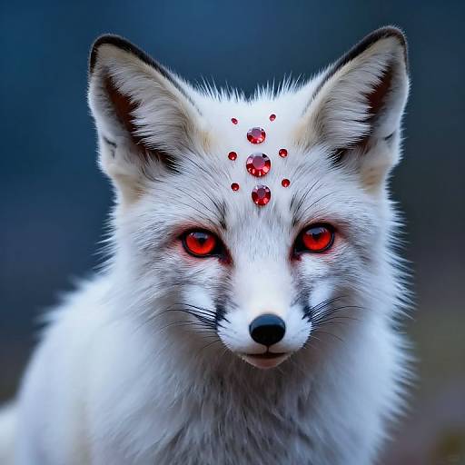 Digital artwork of a white fox with glowing red eyes, adorned with red gemstones on its forehead, against a dark blue background. The fox's fur