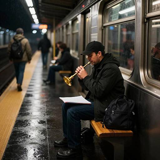 Rain-Slicked Subway Musician at Night