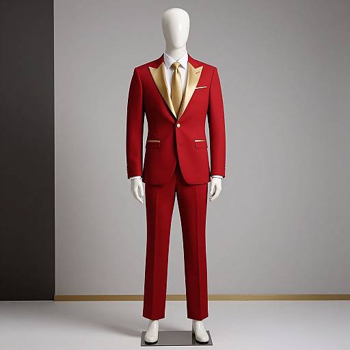 Photograph of a white mannequin wearing a sleek, red suit with gold trim, white shirt, and gold tie, standing against a gradient gray
