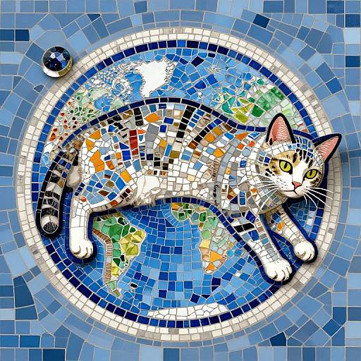 Vibrant mosaic of a white and black cat with yellow eyes, lying on a blue and white tiled circular pattern, surrounded by colorful world map tiles