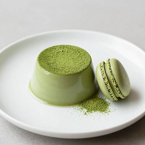 Photograph of a green matcha panna cotta on a white plate, topped with matcha powder, accompanied by a green macaron.
