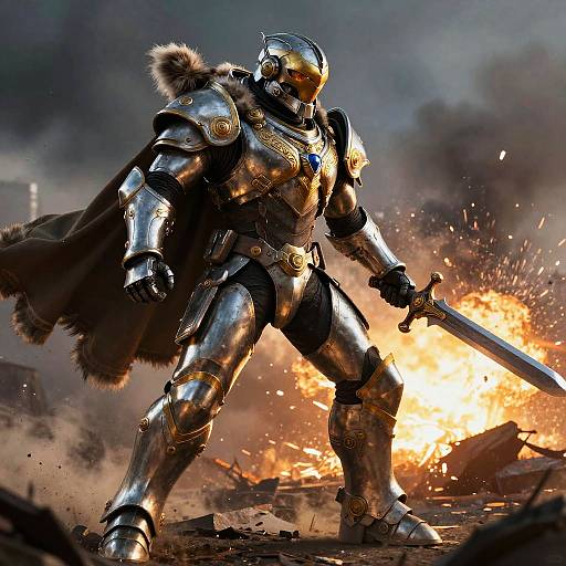 Photorealistic CGI of a silver-armored knight with fur-trimmed cape, sword raised, standing amidst a fiery battlefield, smoke-filled sky.