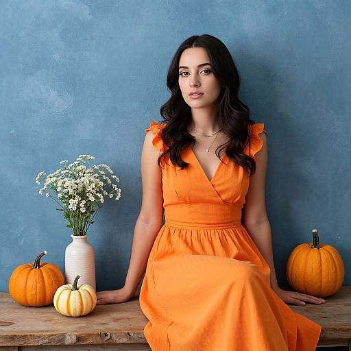 Photograph of a woman with long black hair in an orange dress, sitting against a blue wall, flanked by pumpkins and white flowers in a