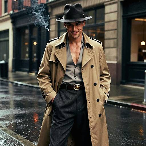 Photograph of a smiling man in a black fedora, beige trench coat, unbuttoned shirt, black pants, standing on a wet, rainy
